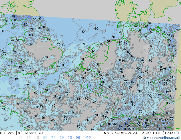 RH 2m Arome 01 Mo 27.05.2024 13 UTC