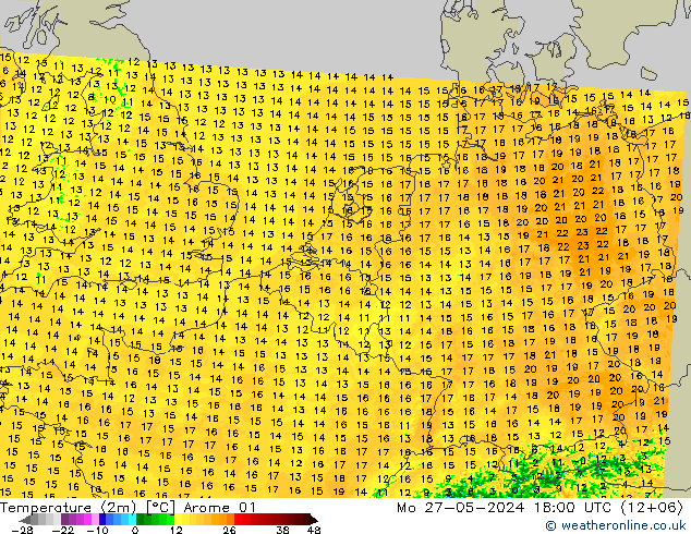 Temperaturkarte (2m) Arome 01 Mo 27.05.2024 18 UTC