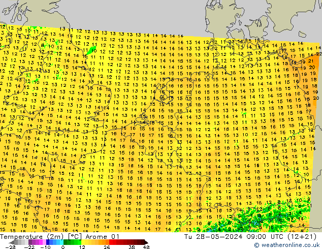 Temperature (2m) Arome 01 Út 28.05.2024 09 UTC