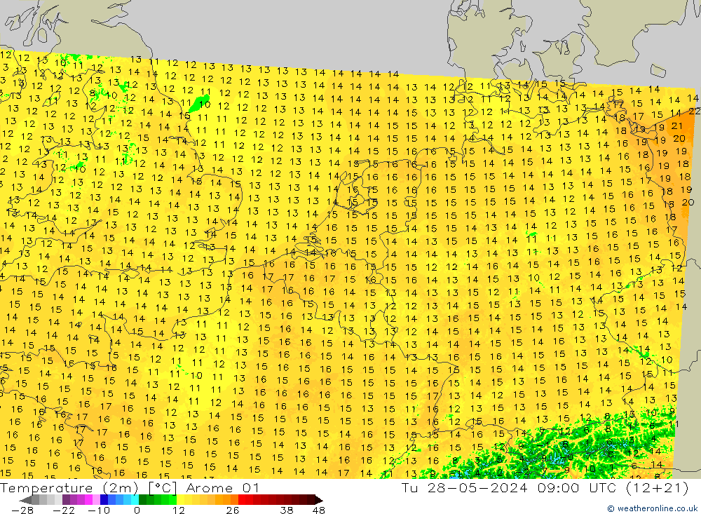 température (2m) Arome 01 mar 28.05.2024 09 UTC