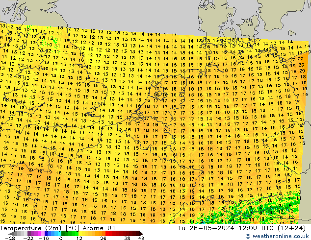 Temperature (2m) Arome 01 Tu 28.05.2024 12 UTC