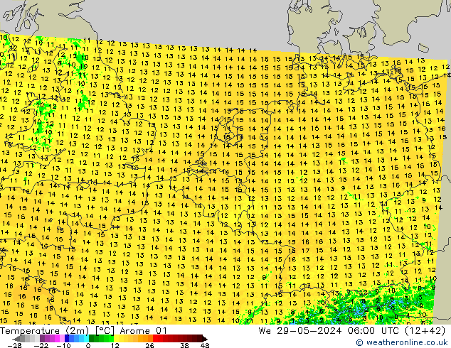 Temperaturkarte (2m) Arome 01 Mi 29.05.2024 06 UTC