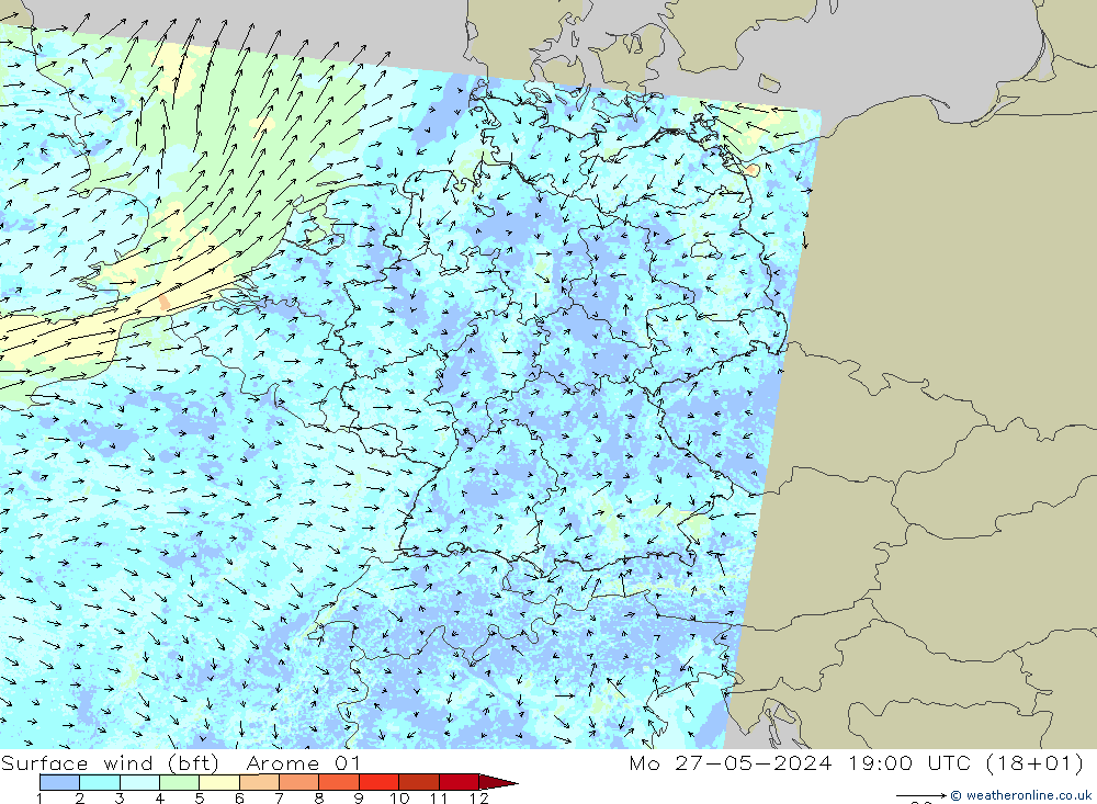 Surface wind (bft) Arome 01 Mo 27.05.2024 19 UTC