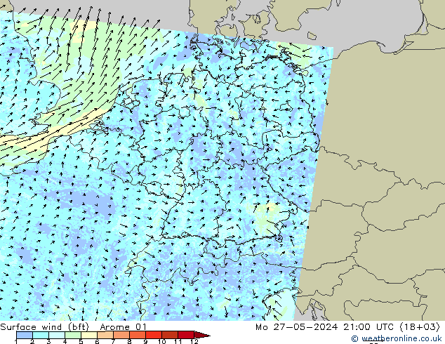 �N 10 米 (bft) Arome 01 星期一 27.05.2024 21 UTC