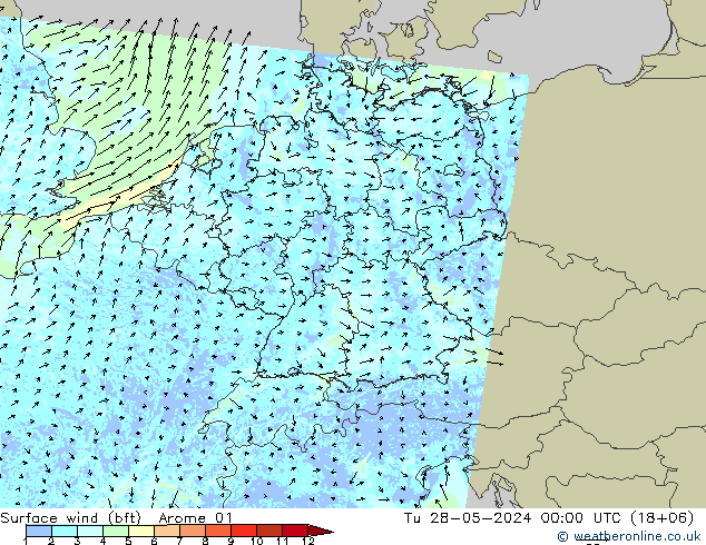 Bodenwind (bft) Arome 01 Di 28.05.2024 00 UTC