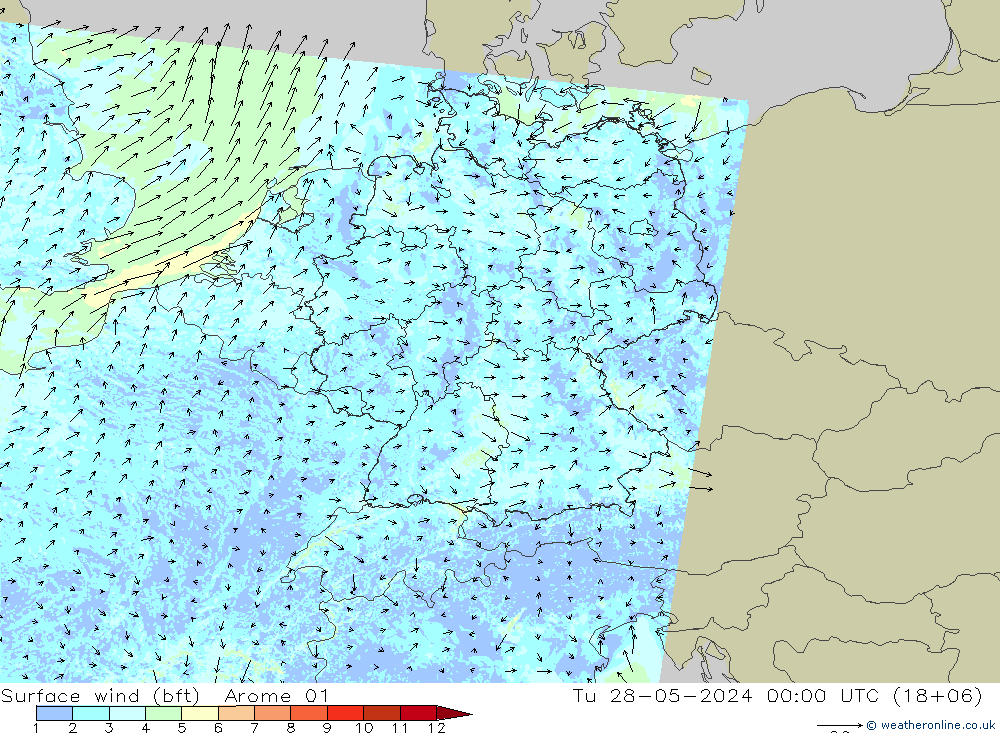 Wind 10 m (bft) Arome 01 di 28.05.2024 00 UTC