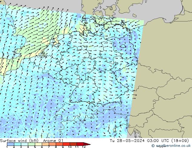 Vento 10 m (bft) Arome 01 mar 28.05.2024 03 UTC