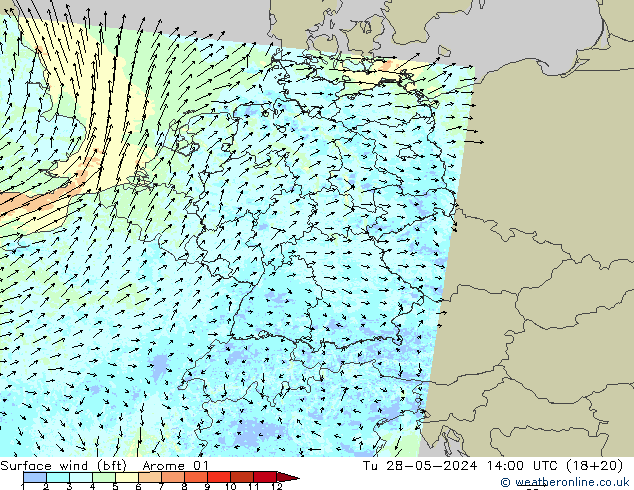 wiatr 10 m (bft) Arome 01 wto. 28.05.2024 14 UTC
