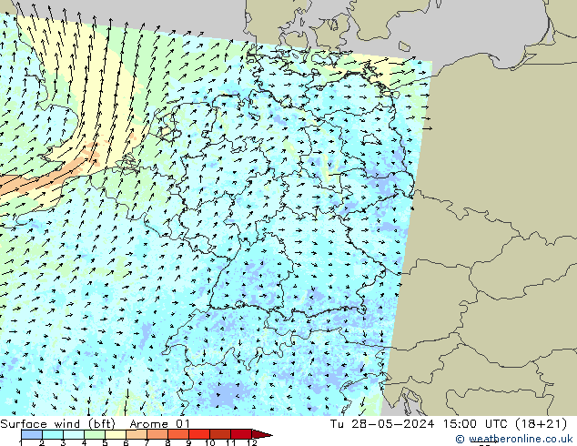 Surface wind (bft) Arome 01 Út 28.05.2024 15 UTC
