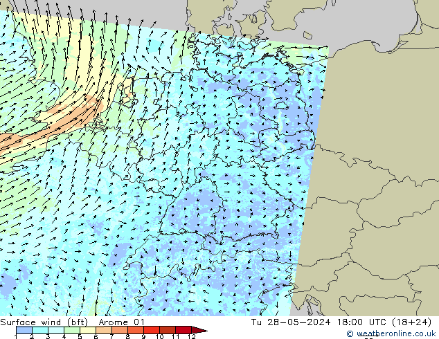 Surface wind (bft) Arome 01 Út 28.05.2024 18 UTC