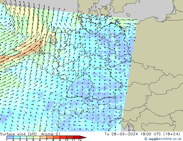 Vent 10 m (bft) Arome 01 mar 28.05.2024 18 UTC