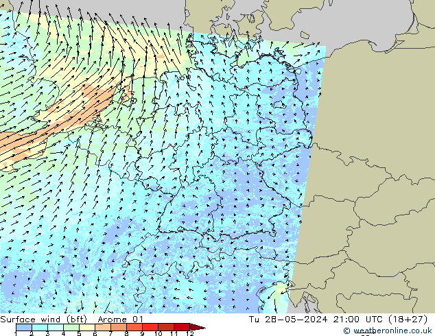 Bodenwind (bft) Arome 01 Di 28.05.2024 21 UTC