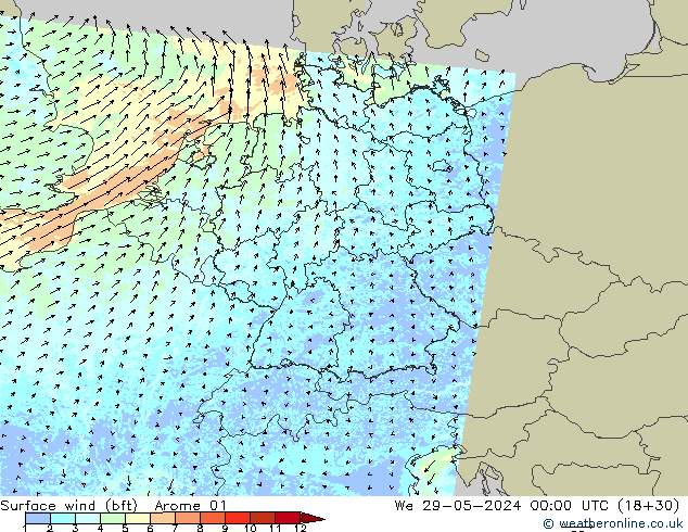 Surface wind (bft) Arome 01 St 29.05.2024 00 UTC