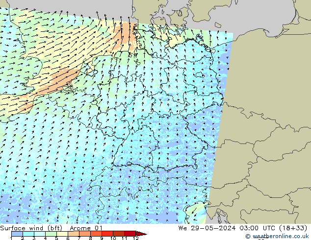wiatr 10 m (bft) Arome 01 śro. 29.05.2024 03 UTC