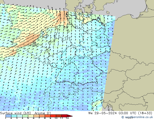  10 m (bft) Arome 01  29.05.2024 03 UTC