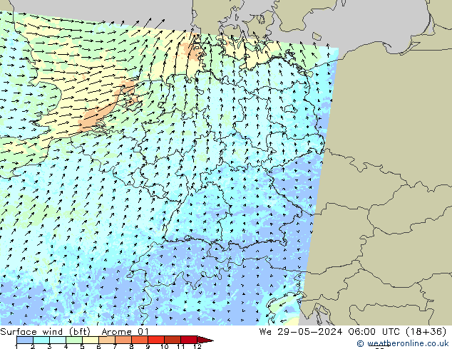 Vento 10 m (bft) Arome 01 Qua 29.05.2024 06 UTC