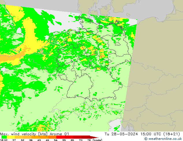 Max. wind velocity Arome 01 wto. 28.05.2024 15 UTC