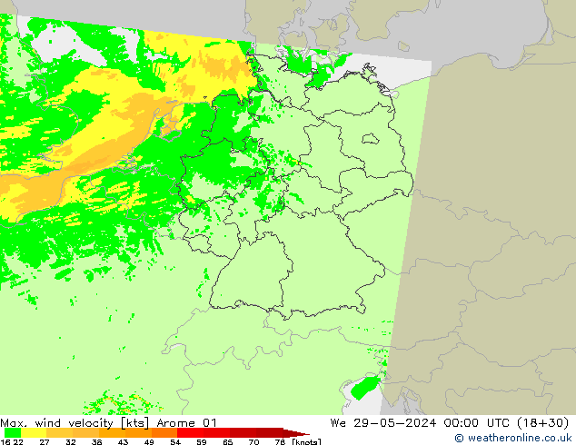 Max. wind velocity Arome 01 St 29.05.2024 00 UTC