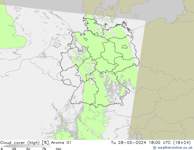 Cloud cover (high) Arome 01 Tu 28.05.2024 18 UTC