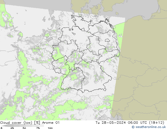 Cloud cover (low) Arome 01 Tu 28.05.2024 06 UTC