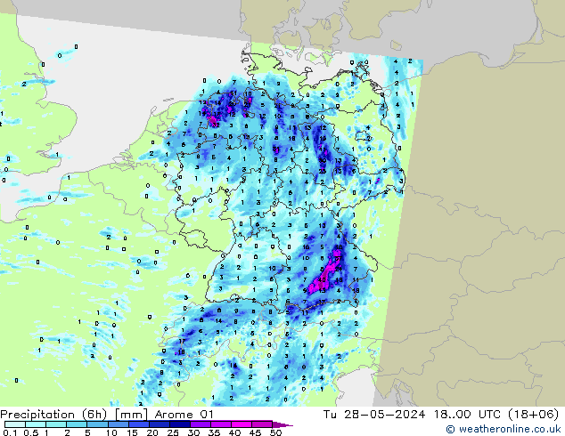 Precipitation (6h) Arome 01 Út 28.05.2024 00 UTC