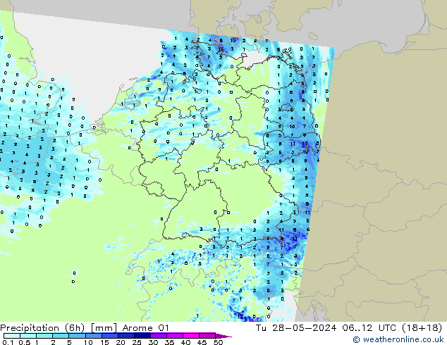 Precipitation (6h) Arome 01 Tu 28.05.2024 12 UTC