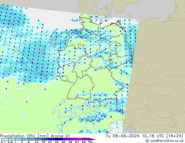 Precipitation (6h) Arome 01 Út 28.05.2024 18 UTC
