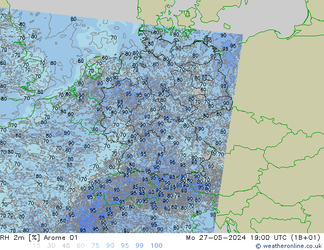 Humedad rel. 2m Arome 01 lun 27.05.2024 19 UTC