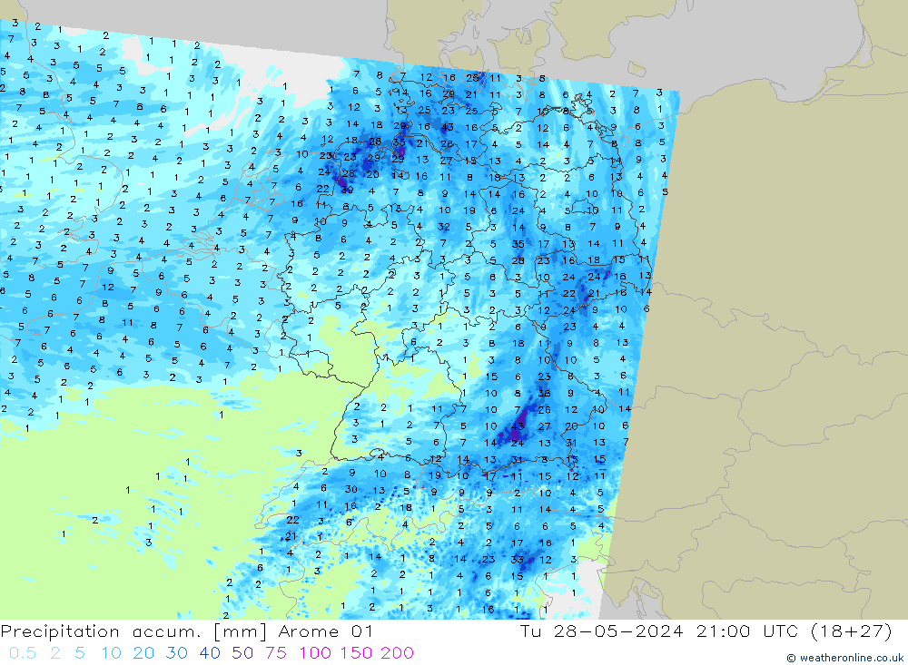 Precipitation accum. Arome 01 Tu 28.05.2024 21 UTC