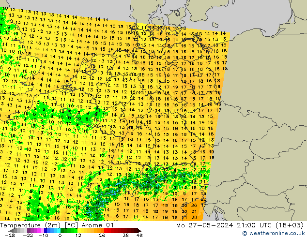 Sıcaklık Haritası (2m) Arome 01 Pzt 27.05.2024 21 UTC