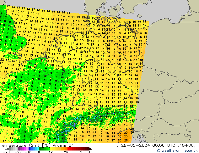 Temperatura (2m) Arome 01 mar 28.05.2024 00 UTC