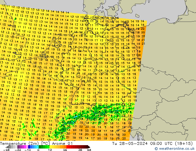 Sıcaklık Haritası (2m) Arome 01 Sa 28.05.2024 09 UTC