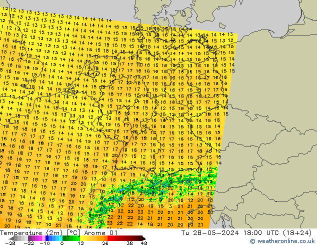 Temperatura (2m) Arome 01 Ter 28.05.2024 18 UTC