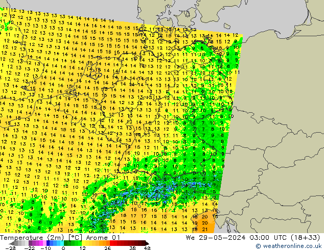 Temperatuurkaart (2m) Arome 01 wo 29.05.2024 03 UTC