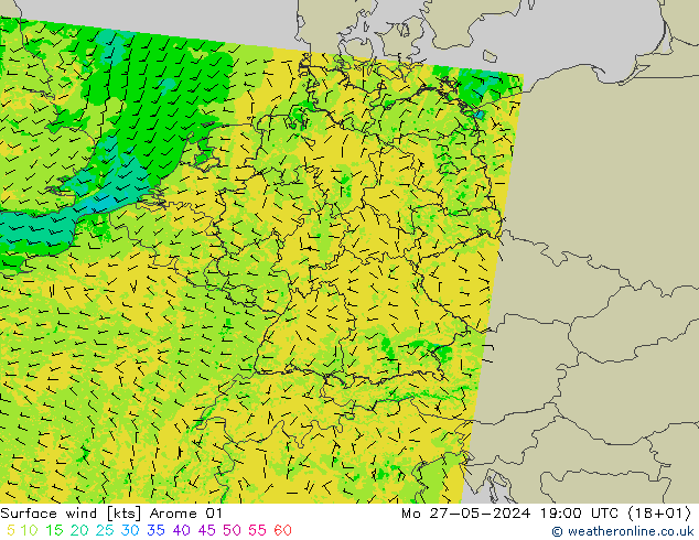 风 10 米 Arome 01 星期一 27.05.2024 19 UTC