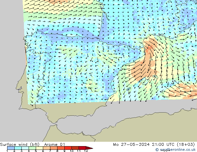 Surface wind (bft) Arome 01 Po 27.05.2024 21 UTC