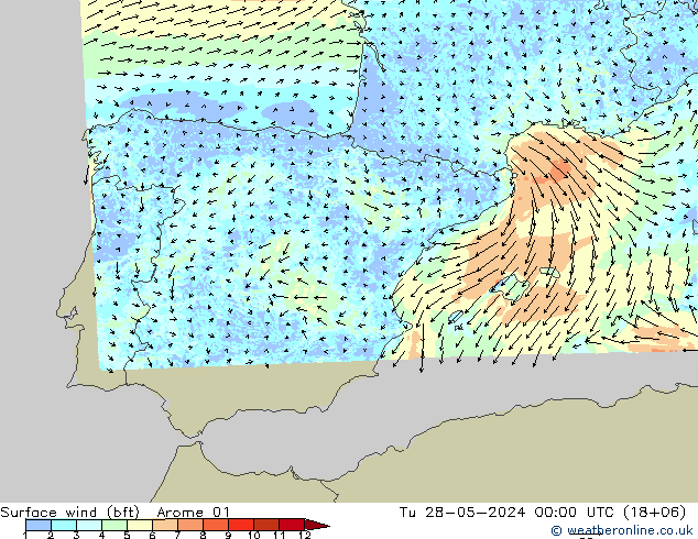 Surface wind (bft) Arome 01 Tu 28.05.2024 00 UTC