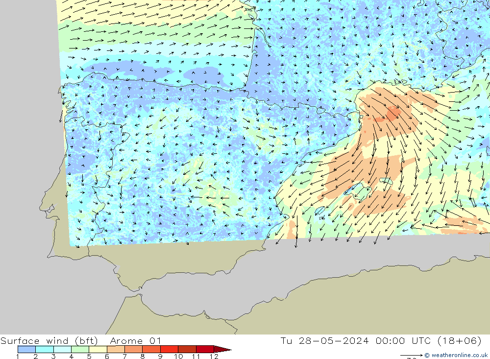 Vent 10 m (bft) Arome 01 mar 28.05.2024 00 UTC