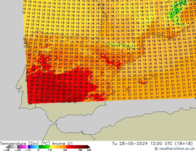 Temperature (2m) Arome 01 Út 28.05.2024 12 UTC