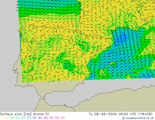 wiatr 10 m Arome 01 wto. 28.05.2024 00 UTC