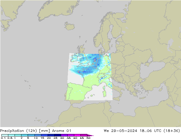 Precipitation (12h) Arome 01 We 29.05.2024 06 UTC