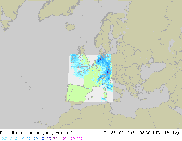 Precipitation accum. Arome 01 Út 28.05.2024 06 UTC