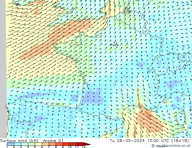 wiatr 10 m (bft) Arome 01 wto. 28.05.2024 12 UTC