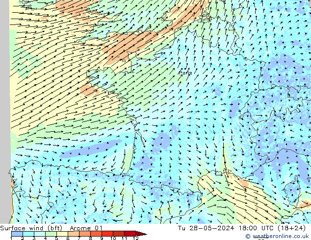 Vent 10 m (bft) Arome 01 mar 28.05.2024 18 UTC