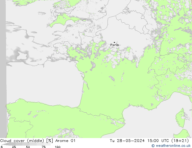 nuvens (médio) Arome 01 Ter 28.05.2024 15 UTC