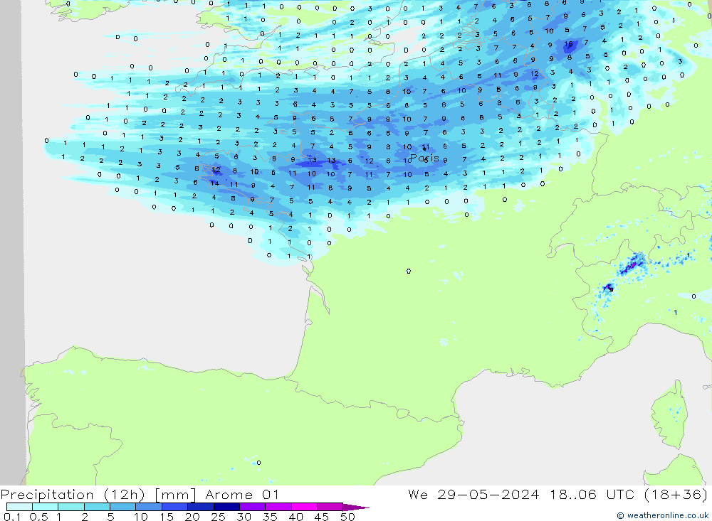 Precipitation (12h) Arome 01 We 29.05.2024 06 UTC