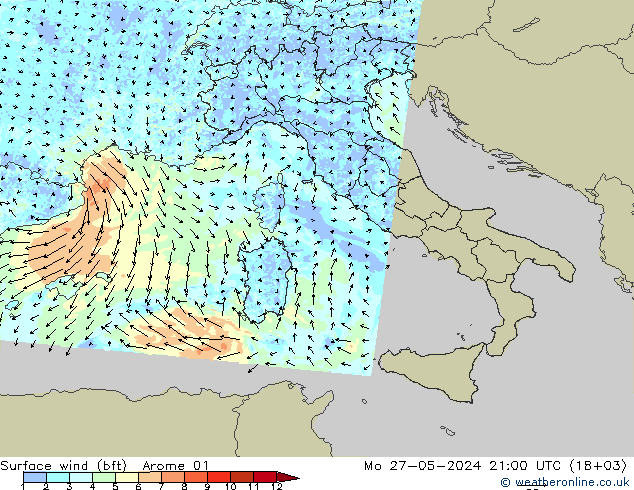 Surface wind (bft) Arome 01 Mo 27.05.2024 21 UTC