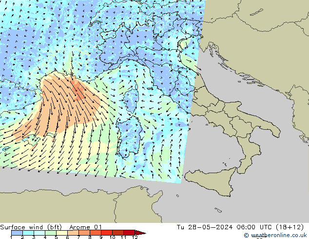 ве�Bе�@ 10 m (bft) Arome 01 вт 28.05.2024 06 UTC