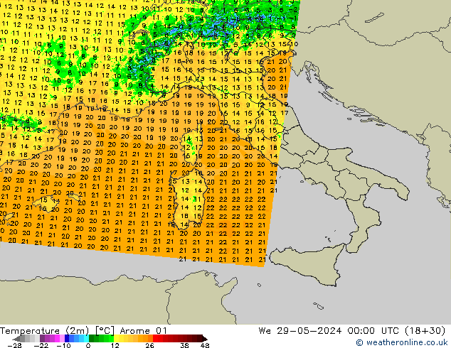 Temperature (2m) Arome 01 St 29.05.2024 00 UTC