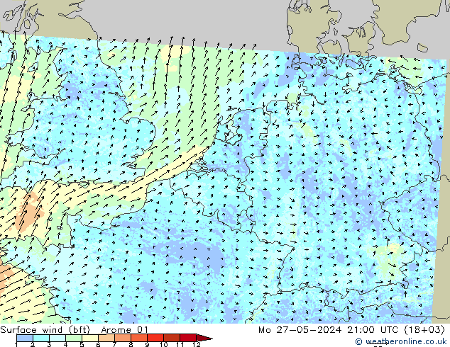 Wind 10 m (bft) Arome 01 ma 27.05.2024 21 UTC